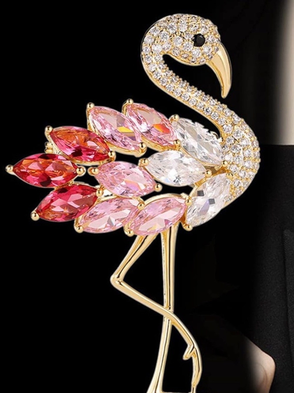 Anthropologie Gold Flamingo Brooch with Pink, Red and Clear Stones